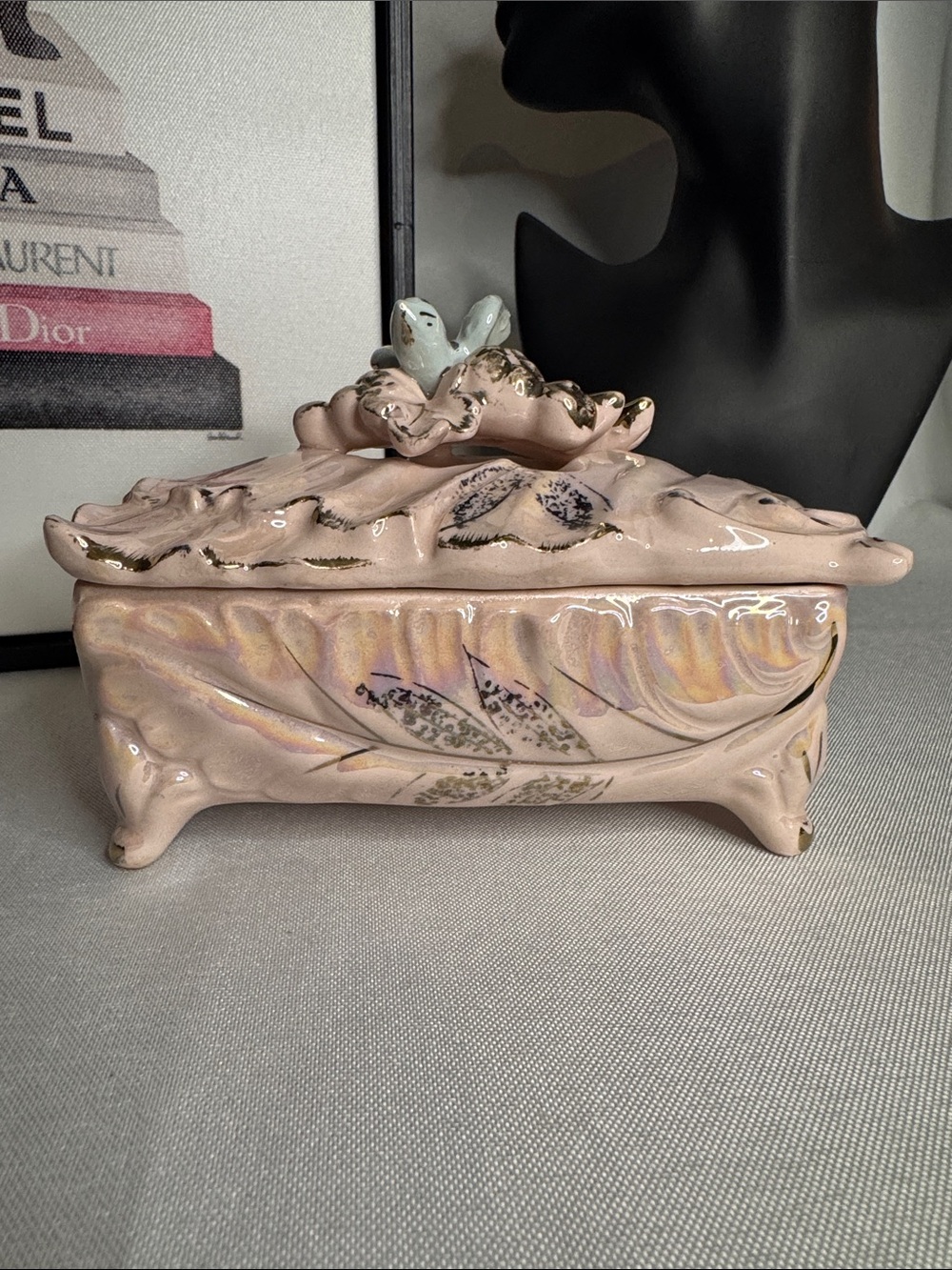 Vintage Pink Porcelain Trinket/Jewelry Box with Bird Accent